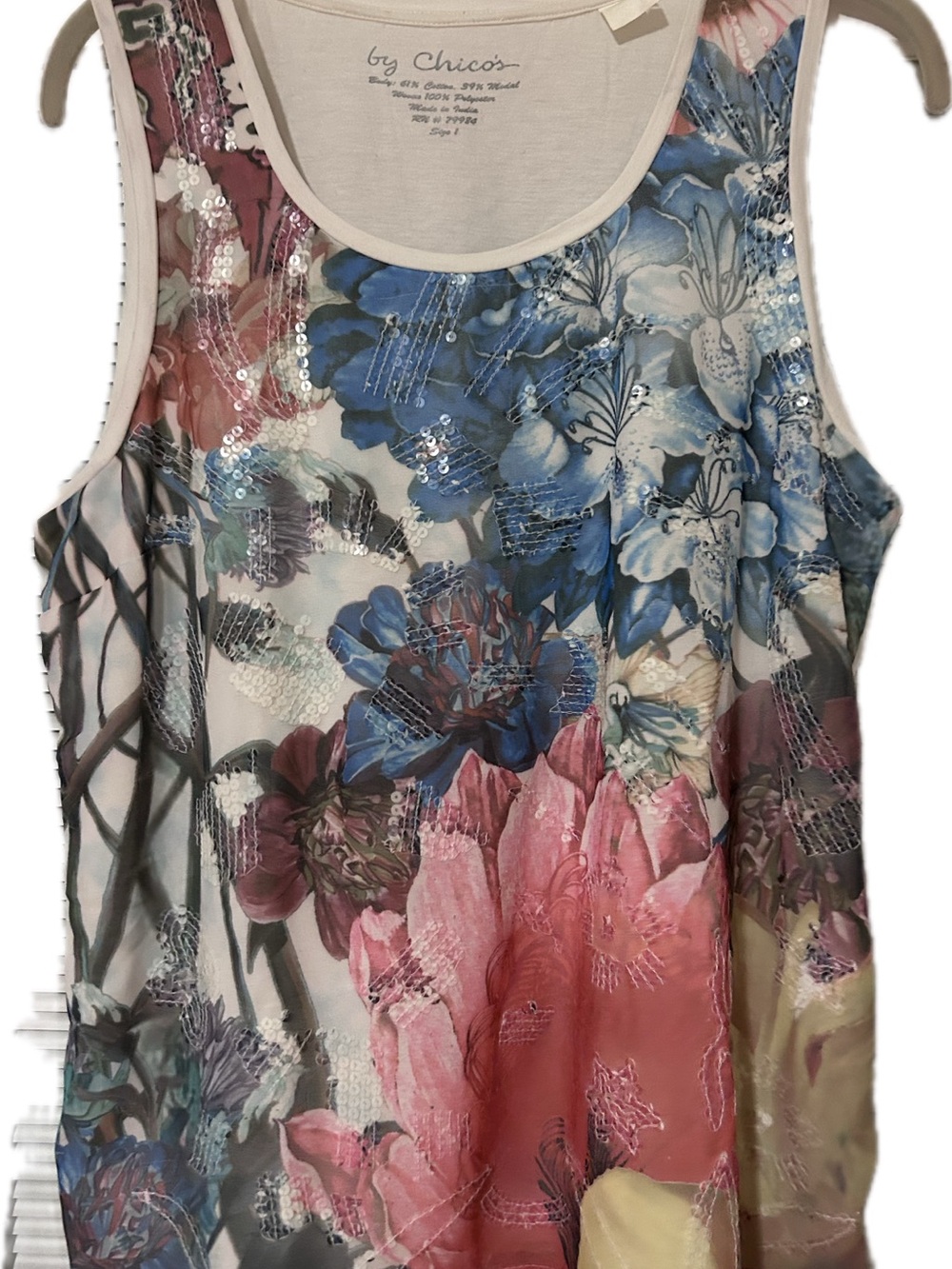 Chico's Floral Sequin Tank/Blouse in Pink, Blue & Cream. Summer must!